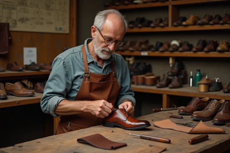 Artisan cordonnier italien cousant à la main une chaussure en cuir dans un atelier traditionnel