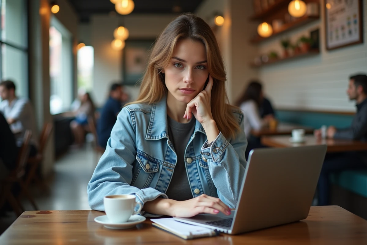 Femme rédigeant un avis client sur un site e-commerce dans un café, illustrant les retours d'expérience utilisateurs sur la fiabilité de Modz