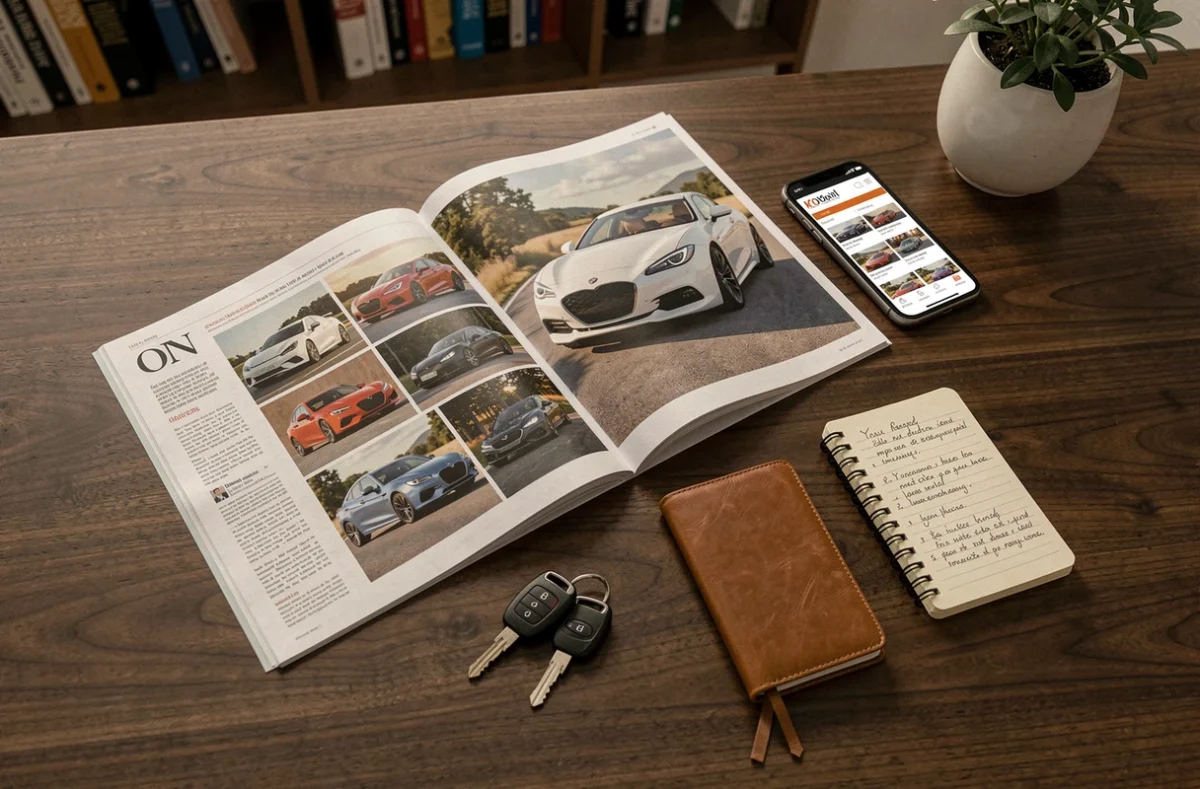 Vue de dessus d'un bureau éditorial avec magazine automobile, smartphone affichant un site de voitures et clés de voiture