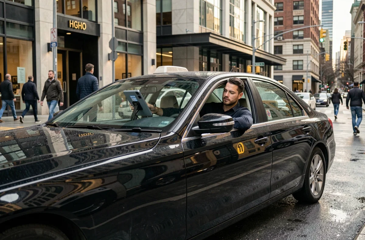 Chauffeur de taxi consultant une application de réservation sur tablette installée dans son véhicule en ville