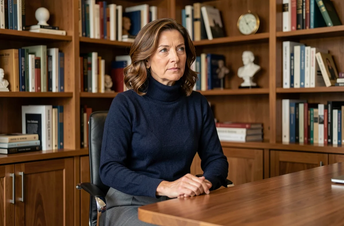 Femme posée et réfléchie assise dans un bureau élégant avec bibliothèque, portrait illustrant le parcours de Claire-Anne Callens mère de Lance Stroll
