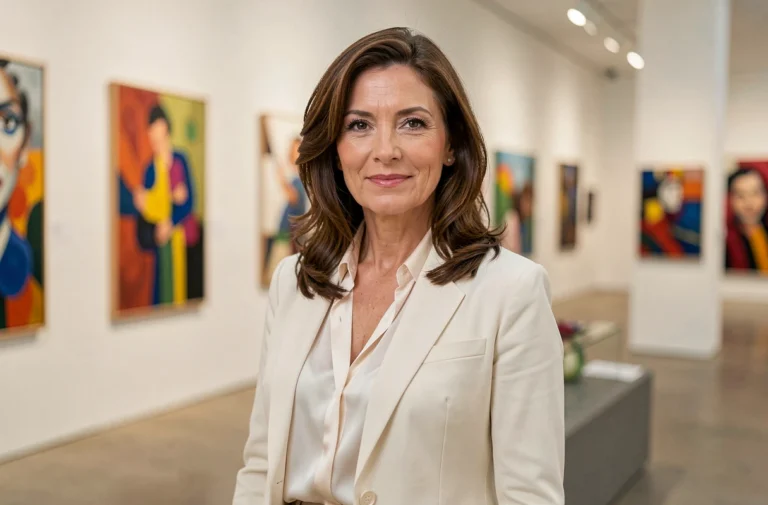 Portrait élégant d'une femme distinguée dans une galerie d'art moderne, évoquant le parcours et la personnalité de Claire-Anne Callens