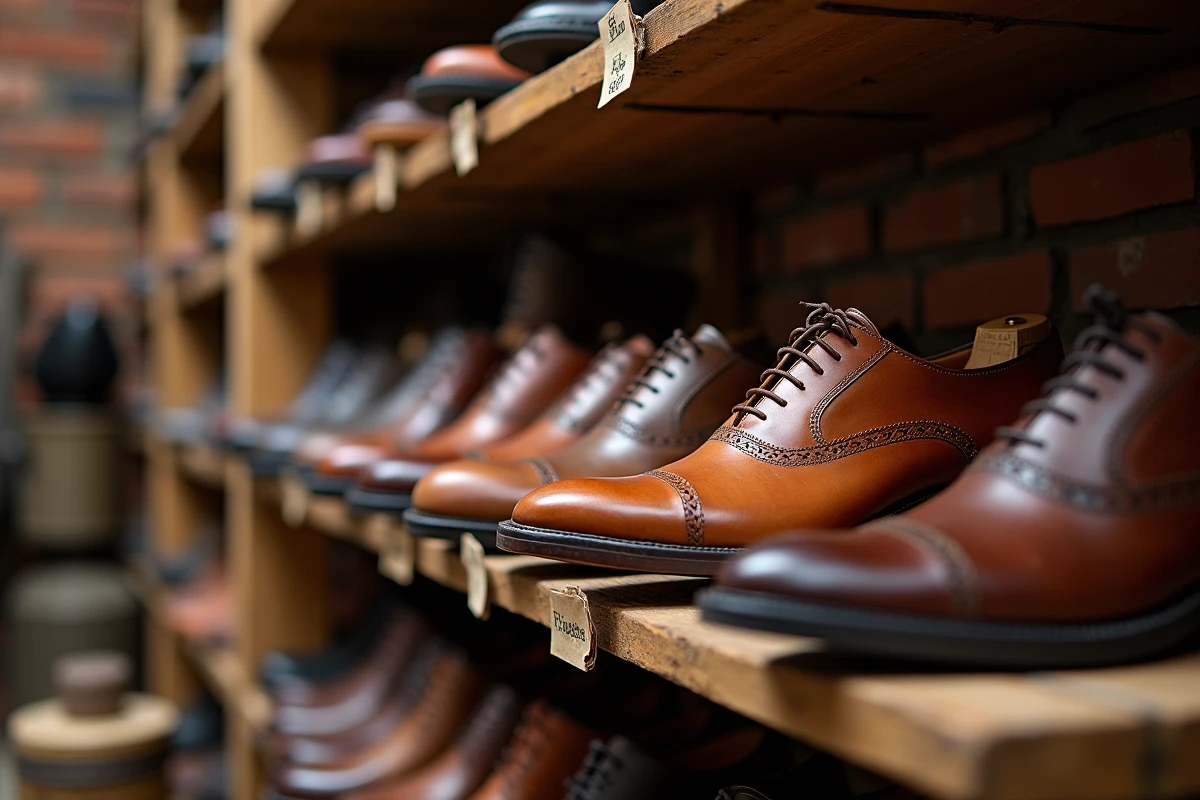 Collection de chaussures en cuir artisanales exposées dans un atelier de cordonnerie à Northampton en Angleterre