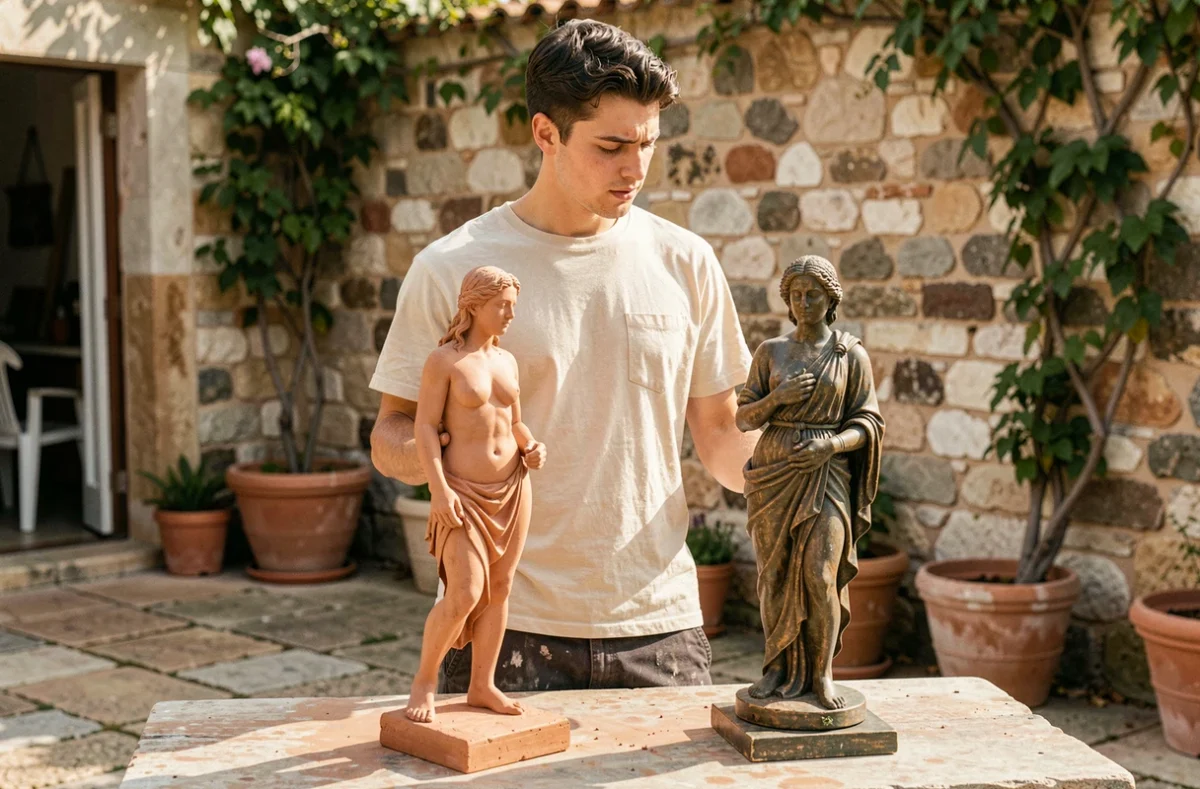 Sculpteur comparant deux figurines en terre cuite, l'une brute et l'autre patinée, dans une cour méditerranéenne