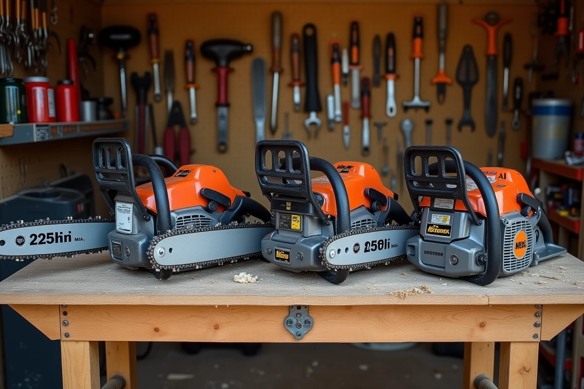 Comparaison de trois modèles de tronçonneuses posées sur un établi dans un atelier