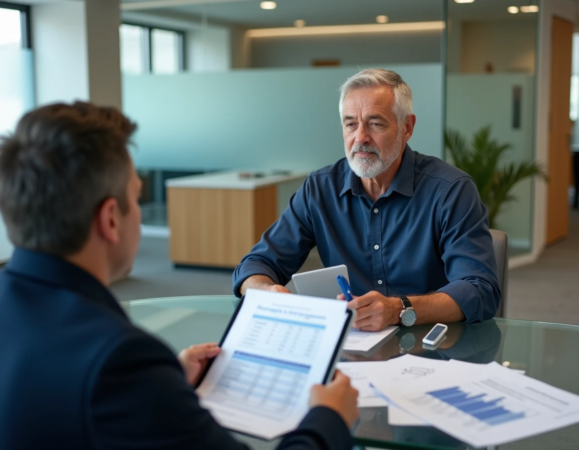 Client discutant d'un taux de crédit immobilier avec un conseiller bancaire autour de documents de comparaison