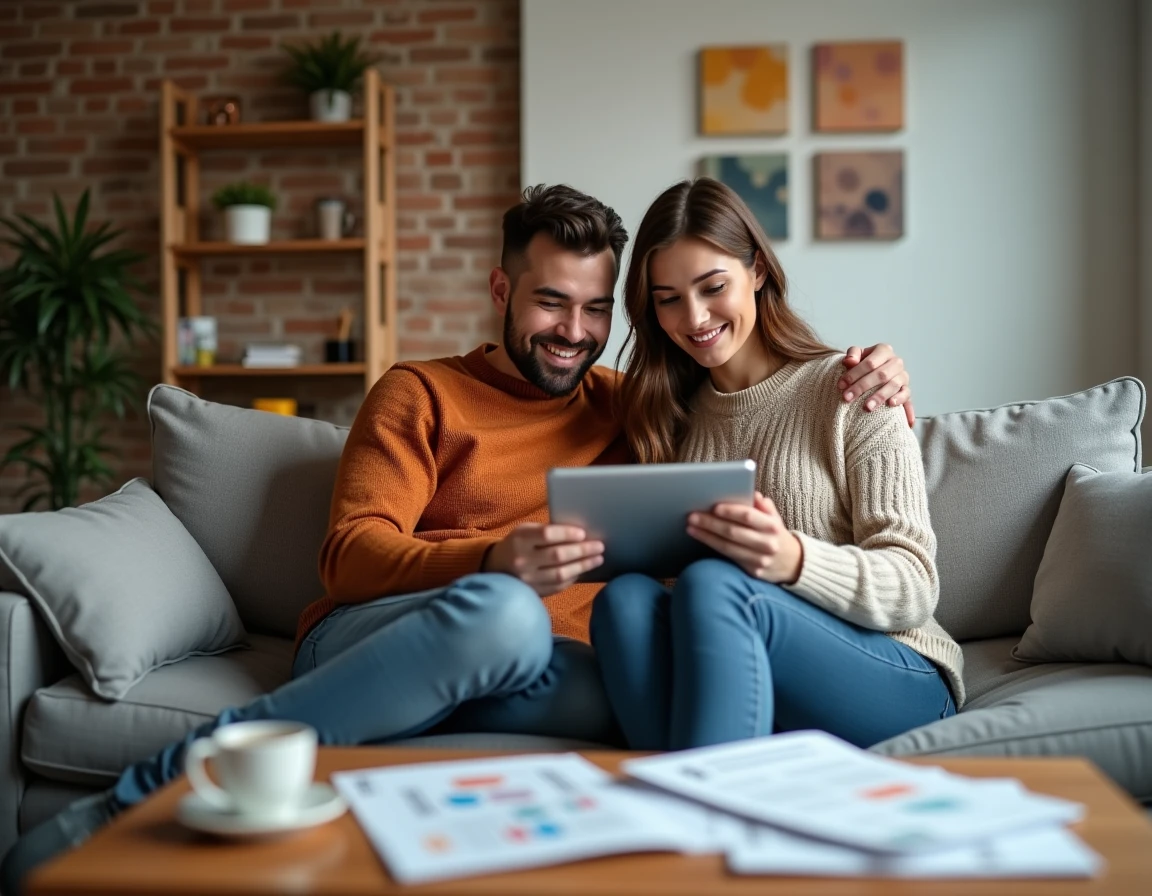 Couple consultant un comparateur de taux de crédit immobilier en ligne sur une tablette dans leur salon