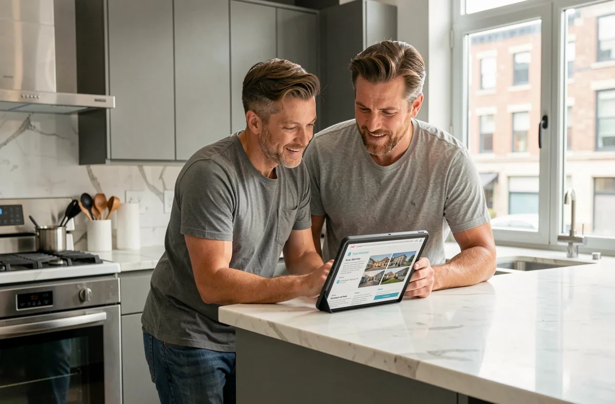 Couple consultant des annonces immobilières sur une tablette dans une cuisine moderne pour leur projet d'achat
