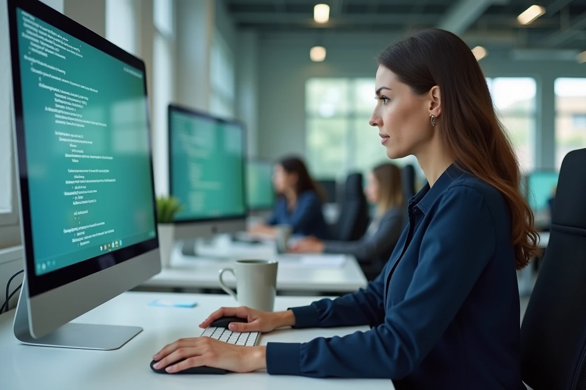 Femme consultant des astuces de dépannage sur un écran d'ordinateur de bureau pour résoudre un problème de téléchargement
