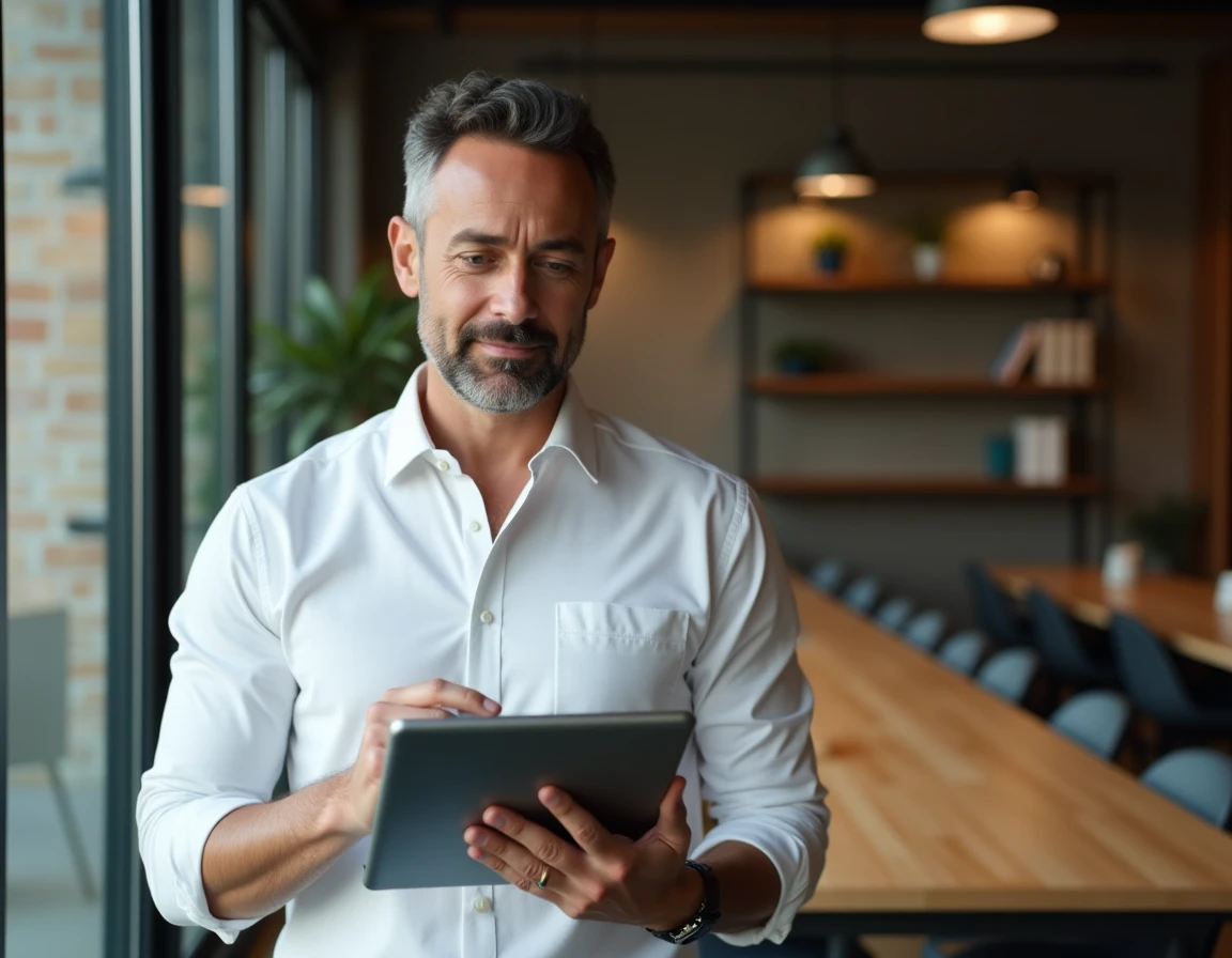 Entrepreneur consultant sa présence web sur une tablette dans un espace de coworking moderne pour améliorer la visibilité de son entreprise