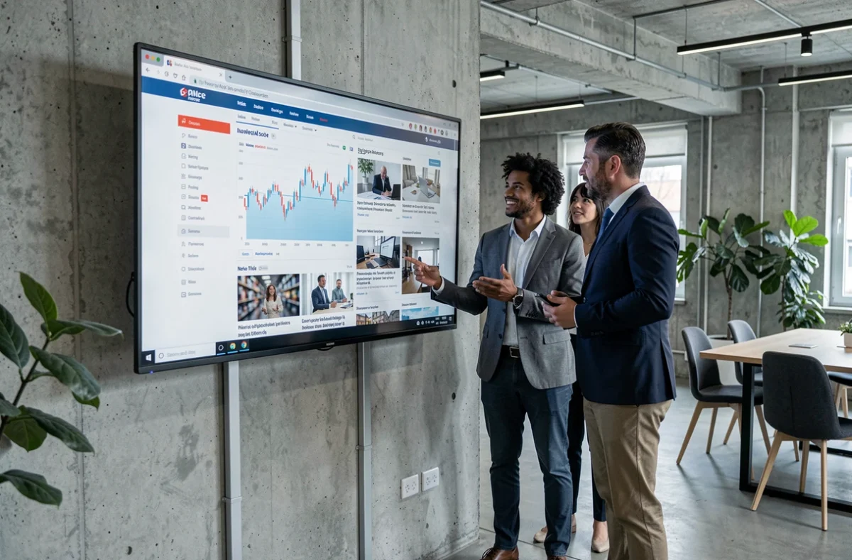 Équipe éditoriale analysant le contenu et les services du portail d'actualités AllNews sur un écran mural en bureau moderne