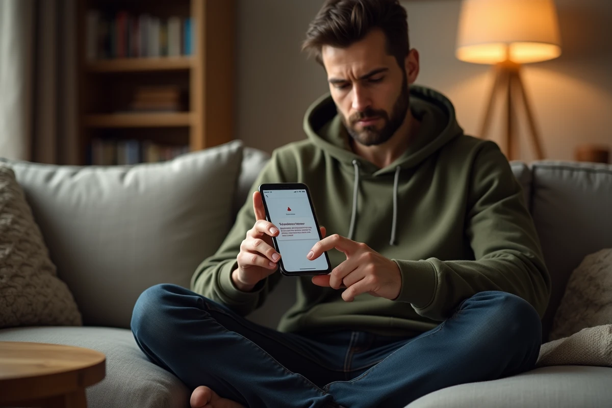 Homme sur un canapé consultant son smartphone pour diagnostiquer un problème d'accès à un site de partage de fichiers