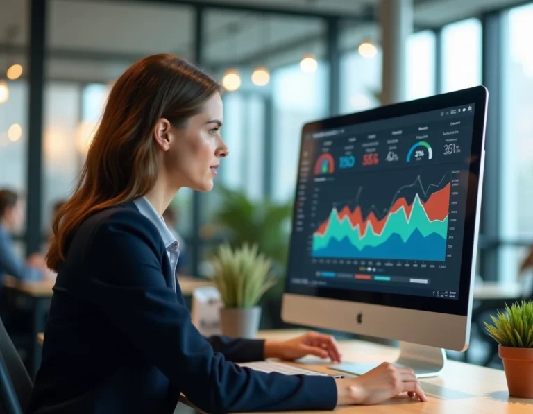Femme professionnelle analysant les statistiques de visibilité web de son entreprise sur un écran d'ordinateur dans un bureau moderne