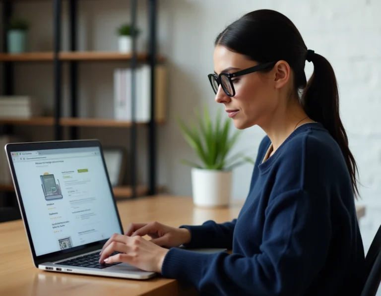 Femme consultant un annuaire de téléchargement sécurisé sur son ordinateur portable dans un bureau à domicile
