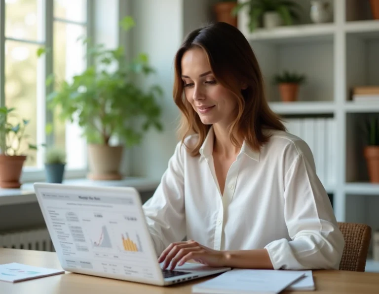 Femme comparant des taux de crédit immobilier sur un comparateur en ligne depuis son bureau à domicile