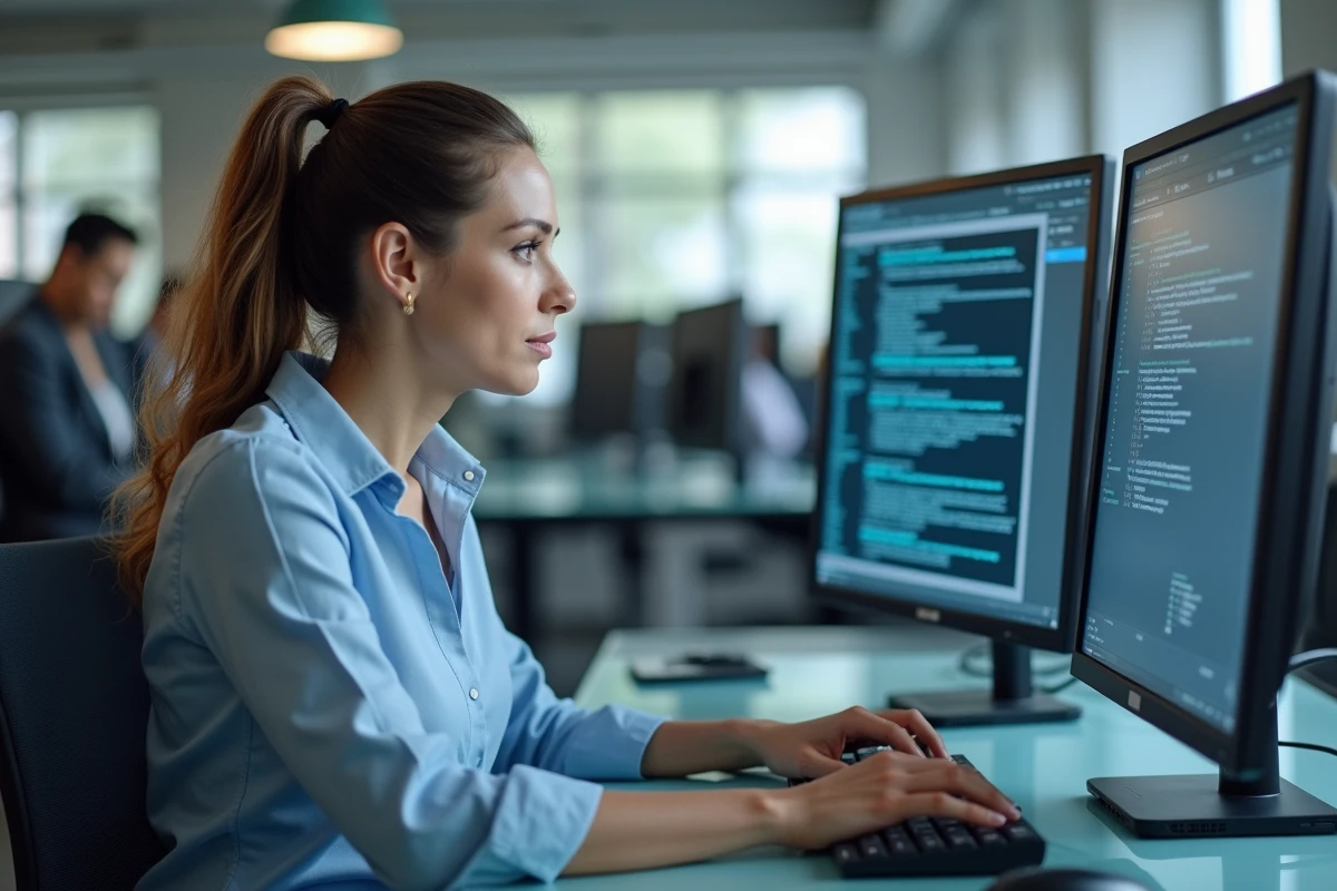 Femme professionnelle résolvant un problème de connexion réseau sur des écrans doubles dans un bureau en open space