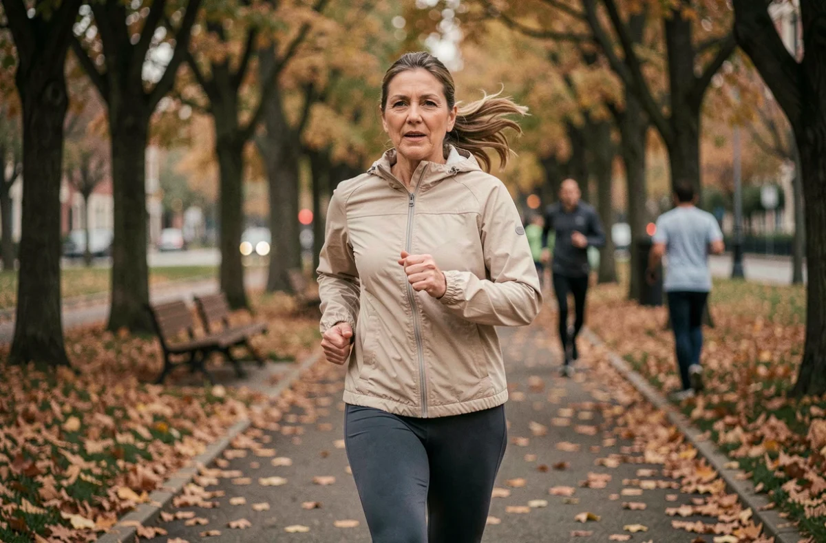 Femme faisant du jogging dans un parc urbain en automne pour améliorer sa santé physique et son bien-être au quotidien