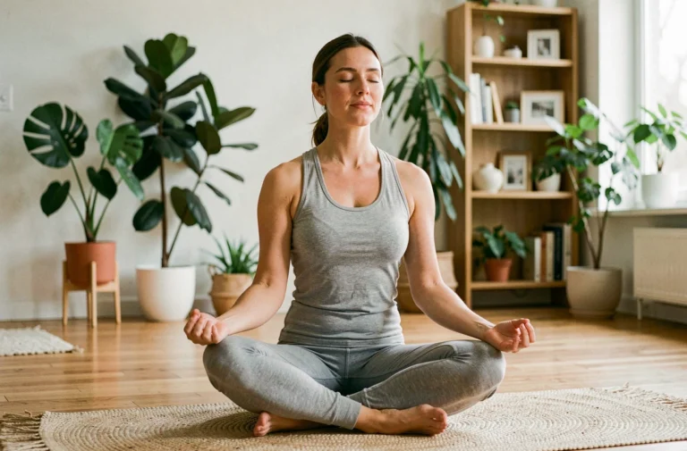 Femme pratiquant la méditation sur un tapis de yoga dans un salon lumineux pour prendre soin de sa santé mentale au quotidien