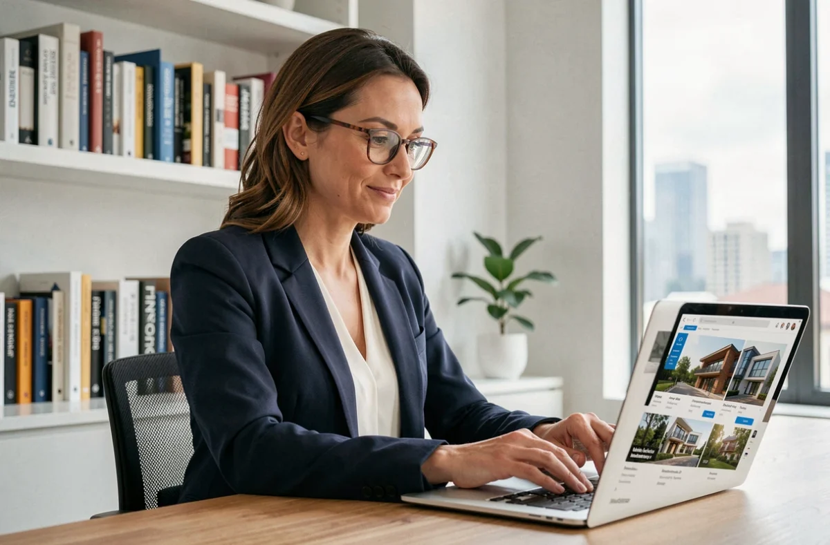 Femme professionnelle recherchant des informations immobilières sur une plateforme en ligne dans un bureau moderne