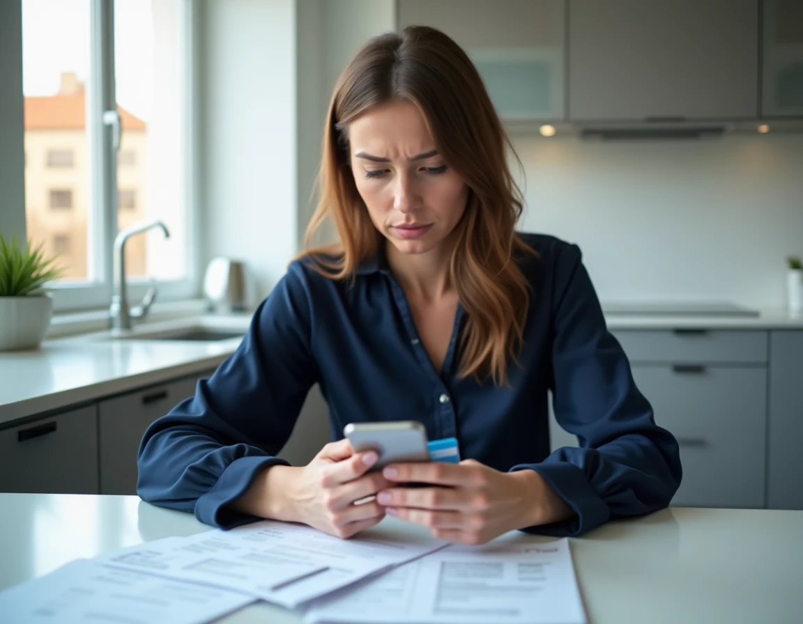 Femme vérifiant ses relevés bancaires après un paiement frauduleux en ligne