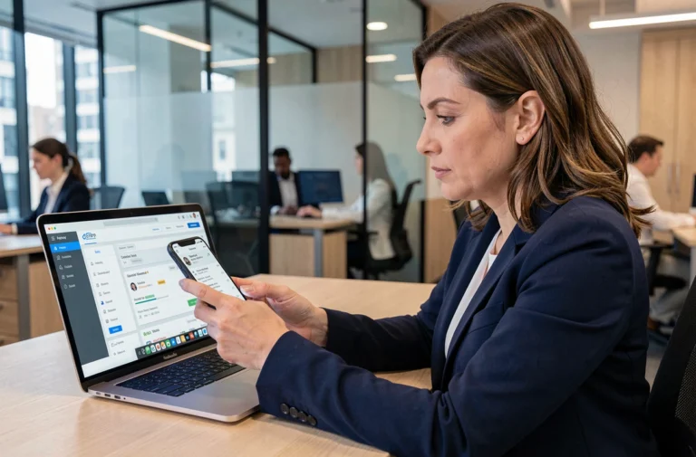 Femme professionnelle gérant des réservations de taxis via une application de gestion sur smartphone au bureau