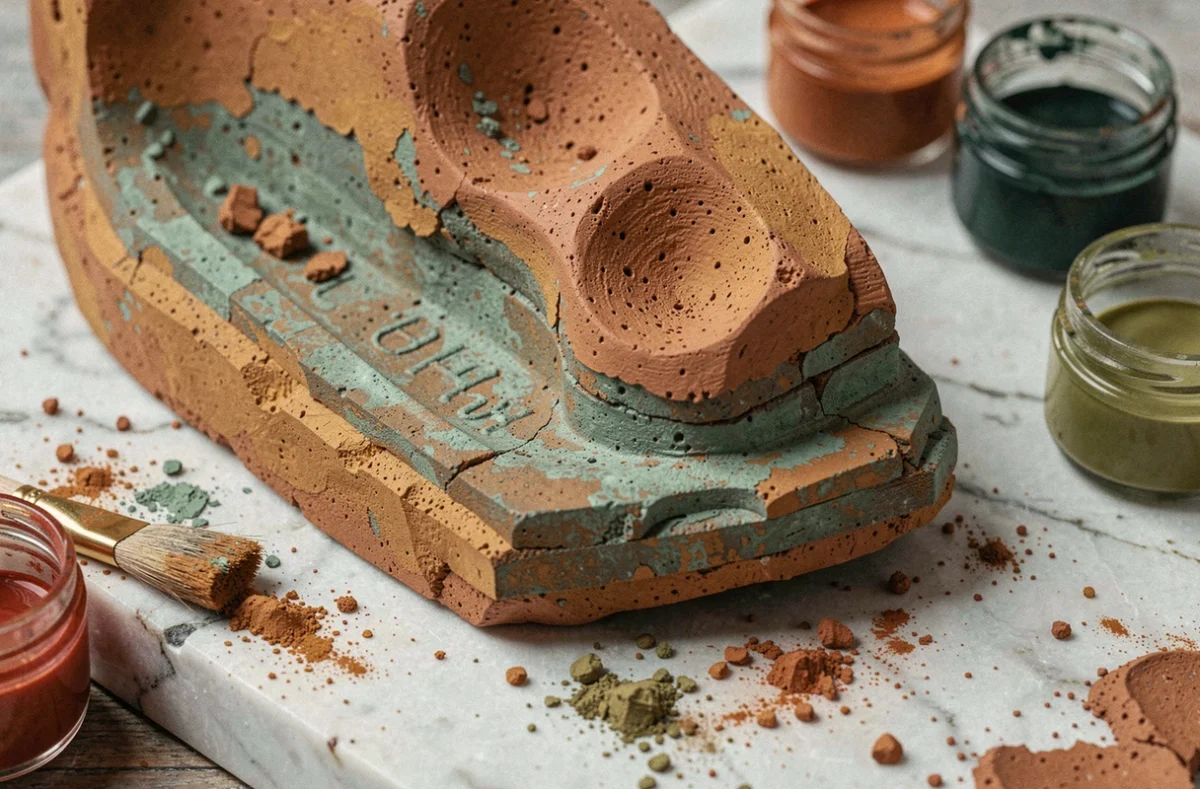 Gros plan sur les couches de patine en ocre et vert-de-gris appliquées sur une sculpture en terre cuite