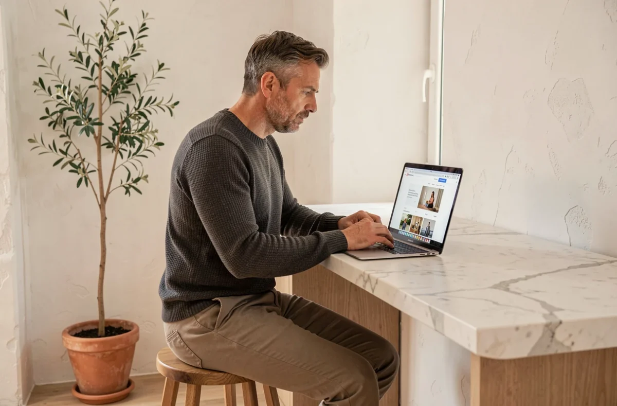 Homme parcourant l'actualité numérique sur un laptop dans un intérieur scandinave minimaliste à la maison