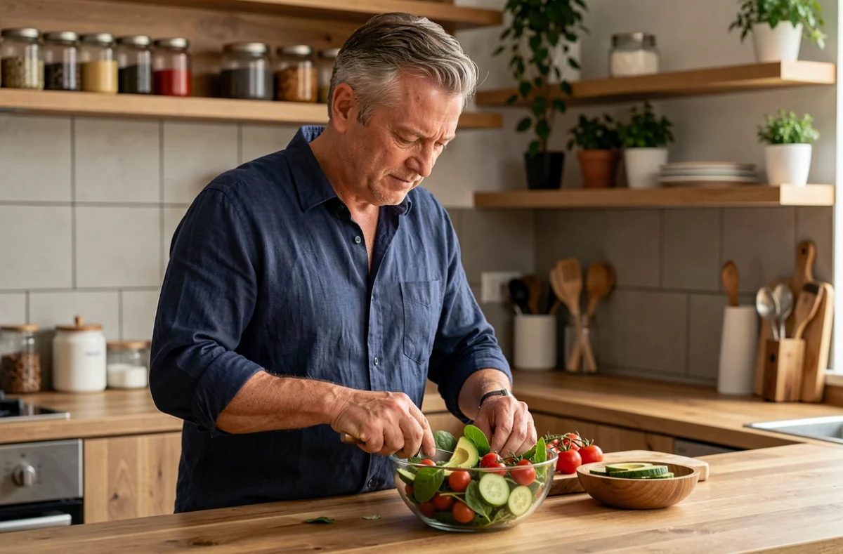 Homme préparant une salade fraîche et équilibrée dans une cuisine moderne pour adopter une alimentation saine au quotidien
