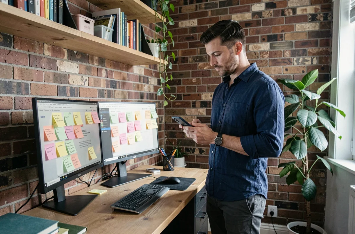 Homme productif dans un bureau à domicile utilisant des outils numériques pour gagner du temps au travail