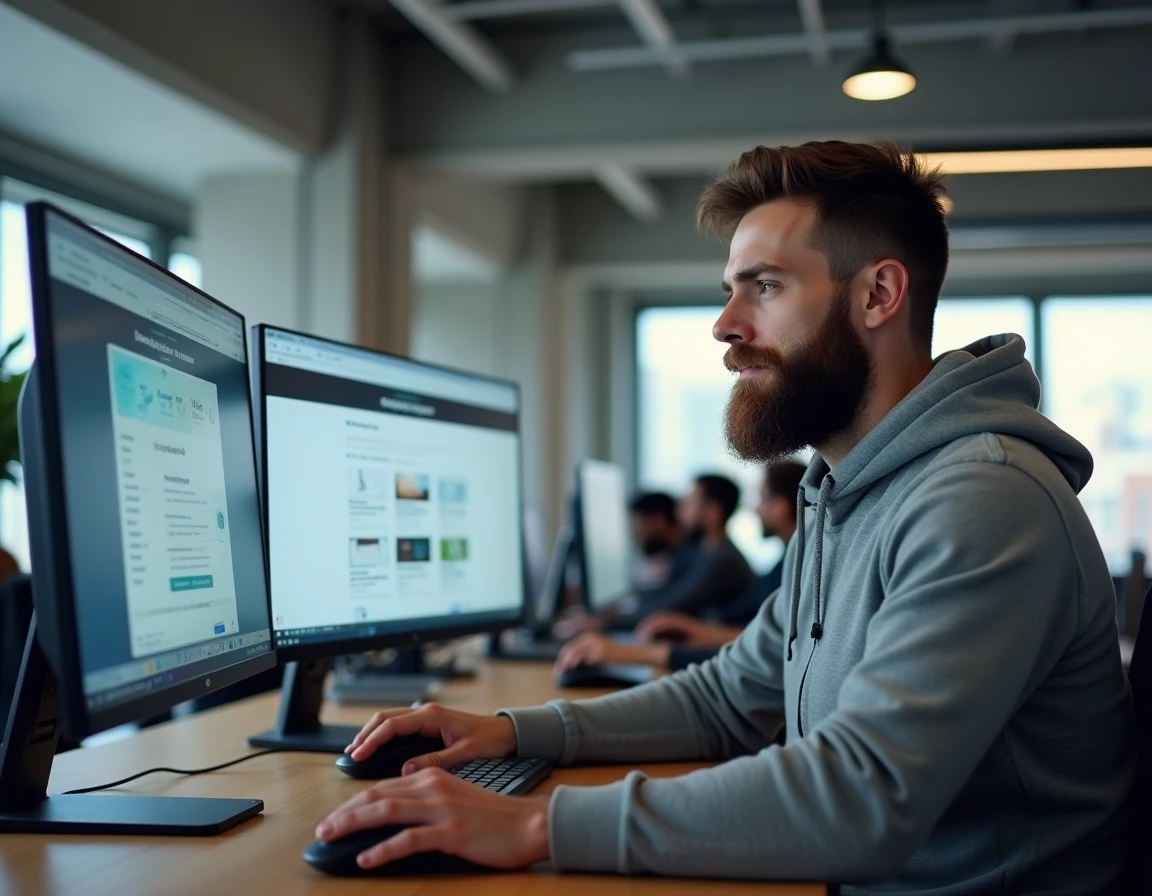 Homme comparant des annuaires de téléchargement efficaces sur un grand écran dans un bureau moderne