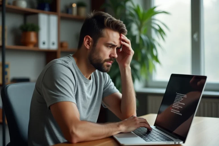 Homme frustré devant un ordinateur portable affichant une erreur de connexion dans un bureau à domicile moderne