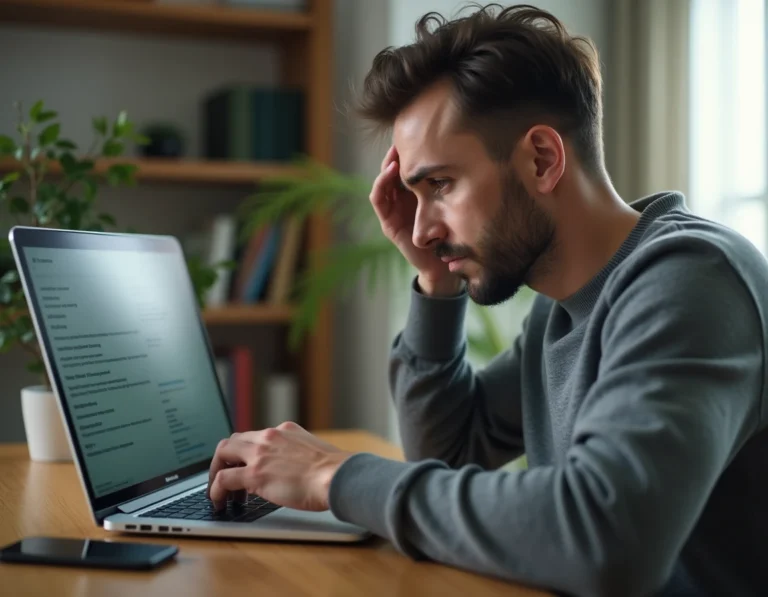 Homme inquiet regardant son ordinateur portable après avoir effectué un paiement sur un site suspect