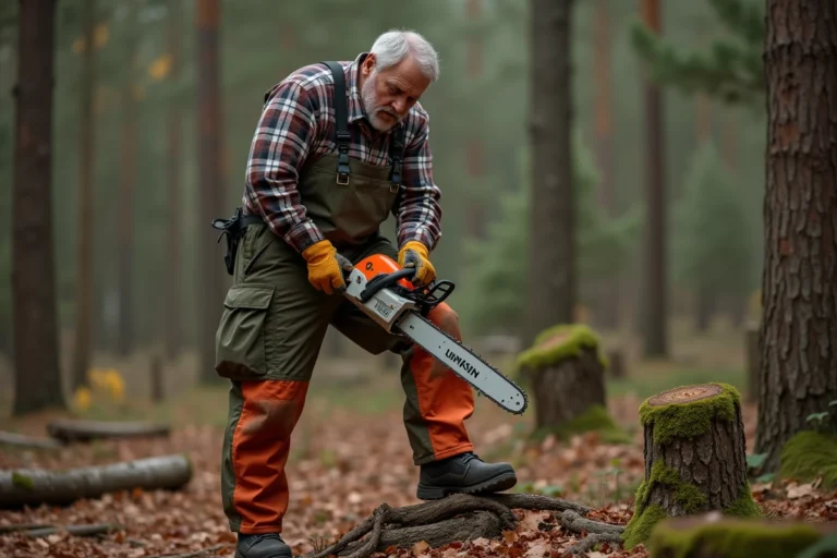 Homme équipé inspectant une tronçonneuse professionnelle en bordure de forêt en automne
