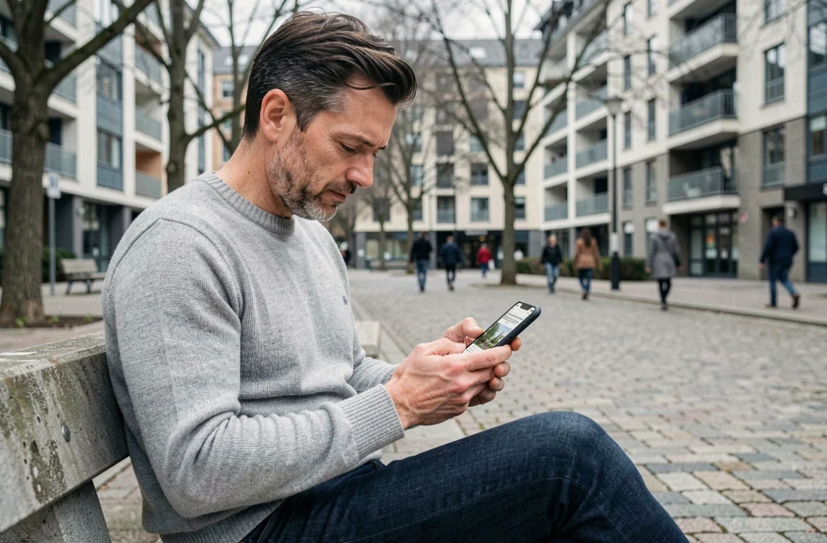 Homme consultant des informations immobilières sur smartphone en plein air dans un quartier urbain