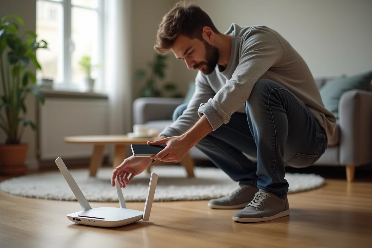 Jeune homme réinitialisant un routeur internet à domicile avec son smartphone pour résoudre un problème de connexion