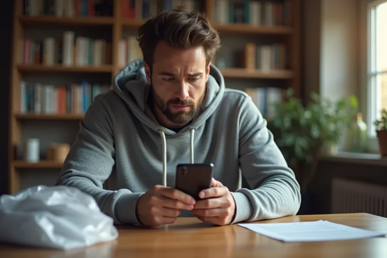 Homme inspectant un smartphone reconditionné reçu d'une boutique en ligne, évaluant la fiabilité du produit à son bureau à domicile
