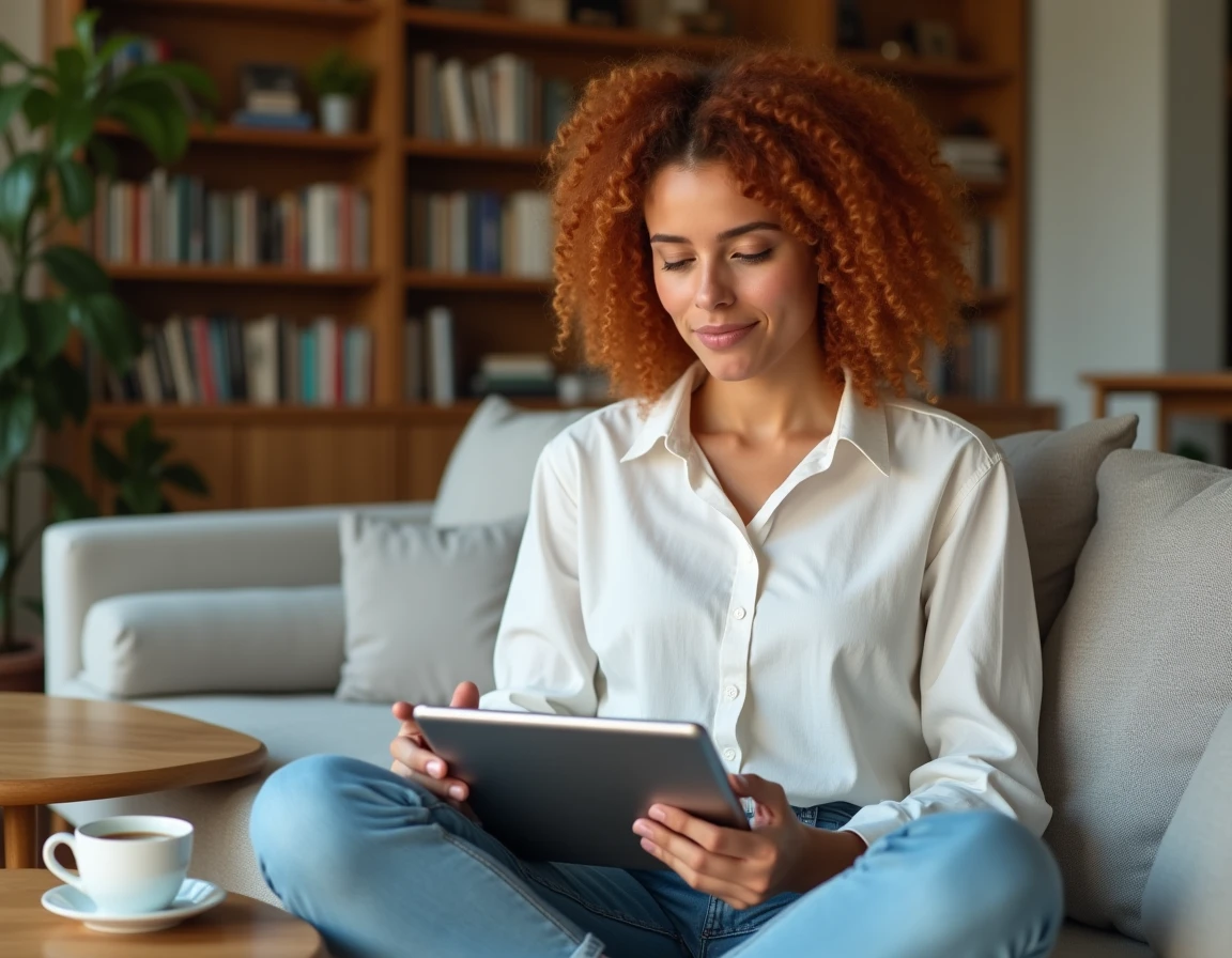 Jeune femme vérifiant un annuaire de téléchargement fiable sur une tablette dans un salon confortable