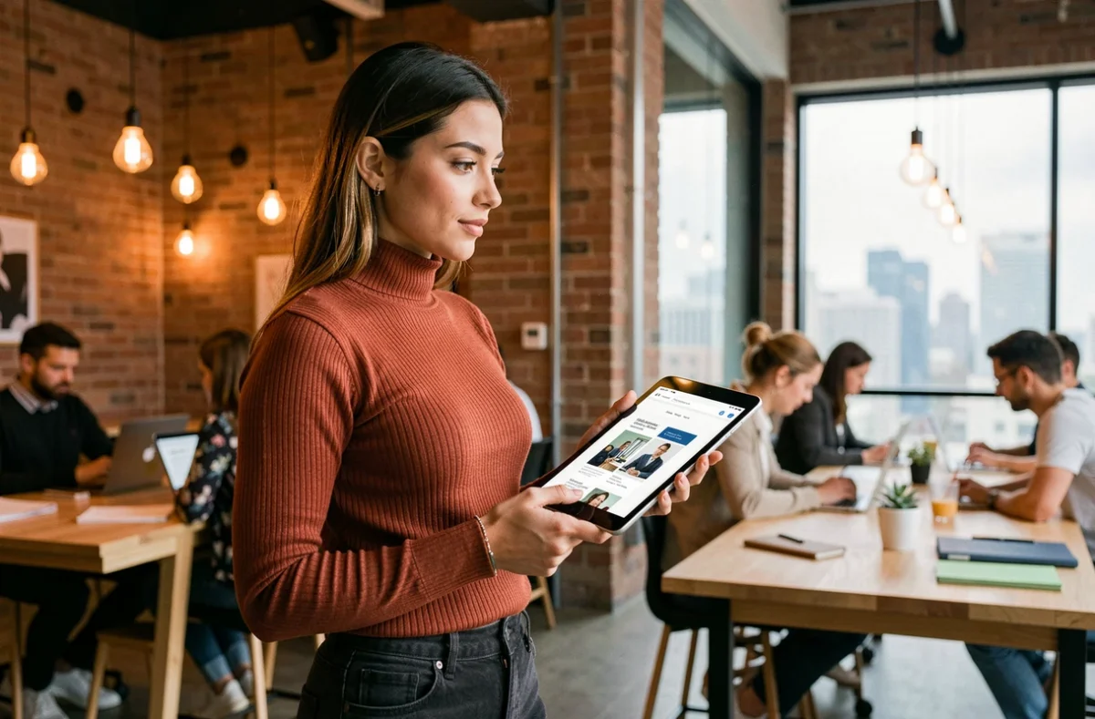 Jeune femme consultant un magazine web professionnel sur tablette dans un espace de co-working créatif
