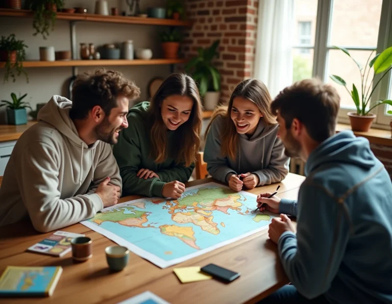 Groupe de jeunes voyageurs planifiant un voyage autour d'une carte et d'un ordinateur portable dans un appartement cosy