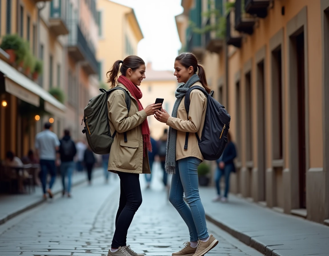 Deux jeunes voyageuses consultant leur smartphone dans une rue pavée d'une vieille ville européenne