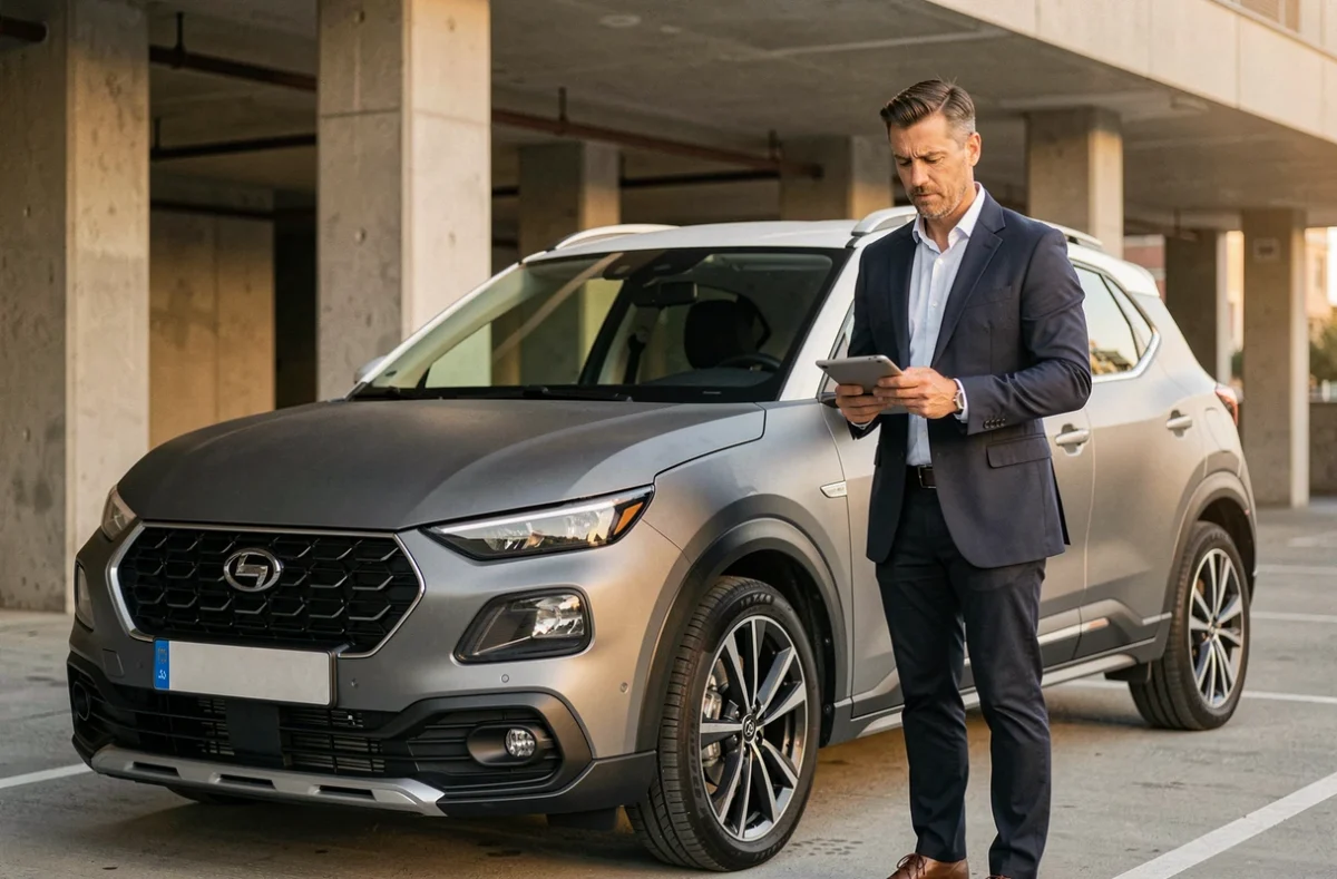 Journaliste automobile masculin présentant un SUV compact deux tons dans un parking urbain moderne