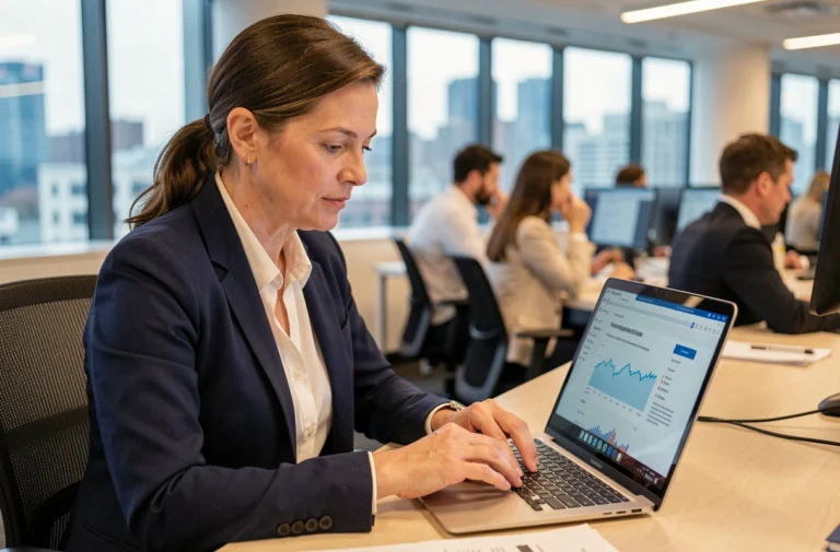 Journaliste professionnelle consultant le site d'actualités AllNews sur un ordinateur portable dans une salle de rédaction moderne