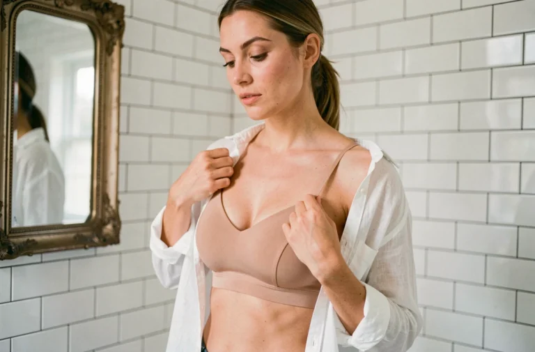 Femme ajustant le bretelle de son soutien-gorge Kollé Serré devant un miroir de salle de bain, mettant en avant le confort et l'ajustement du modèle