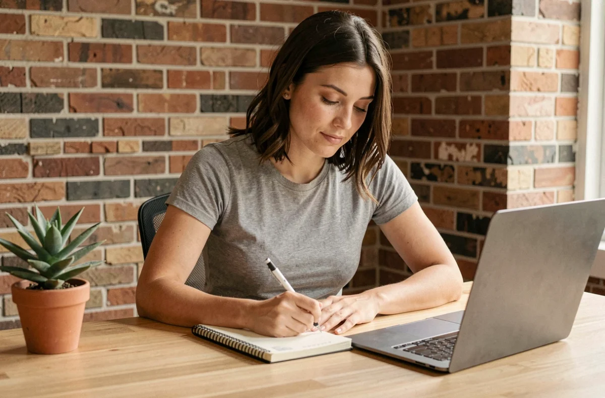 Femme portant un t-shirt gris au bureau à domicile illustrant le confort d'un soutien-gorge bien ajusté pour une longue journée de travail