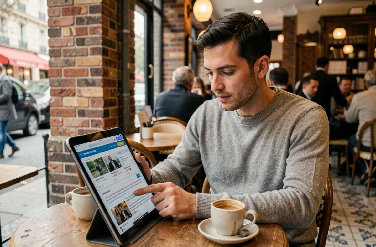 Homme lisant les actualités financières et économiques sur une tablette numérique dans un café parisien