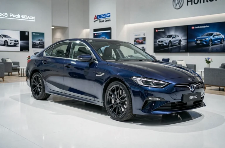 Nouvelle berline moderne exposée dans un salon automobile intérieur avec carrosserie bleu nuit et reflets sur sol blanc