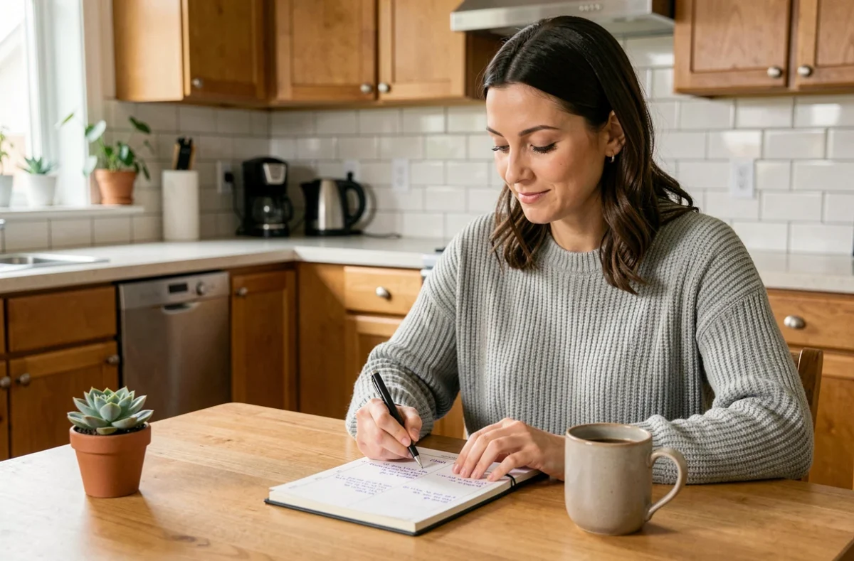 Femme organisant son planning hebdomadaire dans une cuisine moderne pour optimiser son quotidien