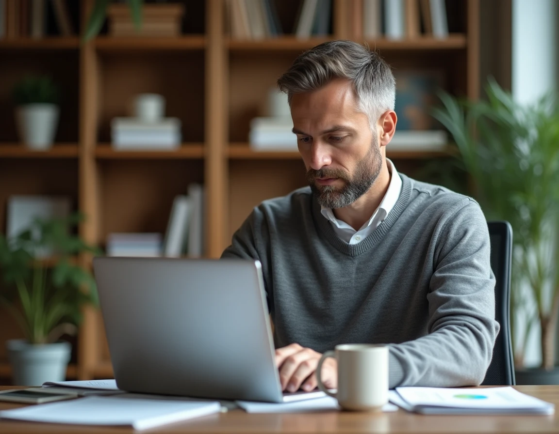 Homme consultant un accord de financement à la consommation sur son ordinateur portable dans un bureau à domicile