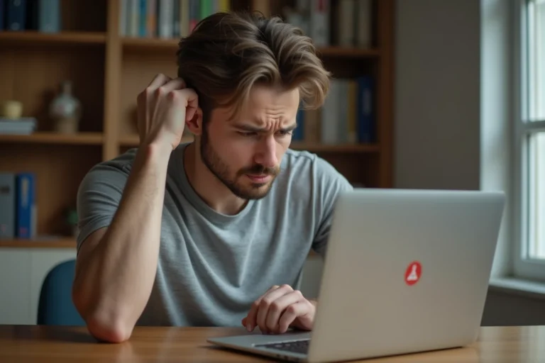 Homme frustré devant un message d'erreur sur son ordinateur portable, illustrant un problème de connexion au service 1fichier
