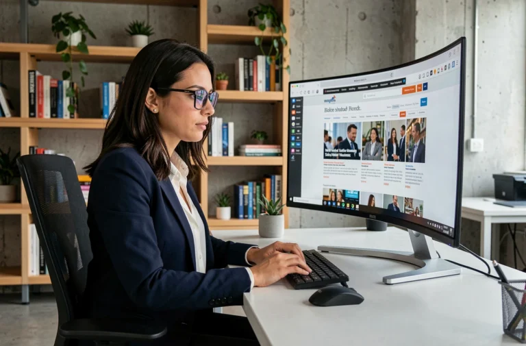 Professionnelle consultant le site d'actualité digitale entrevue-web.fr sur un grand écran incurvé dans un bureau moderne